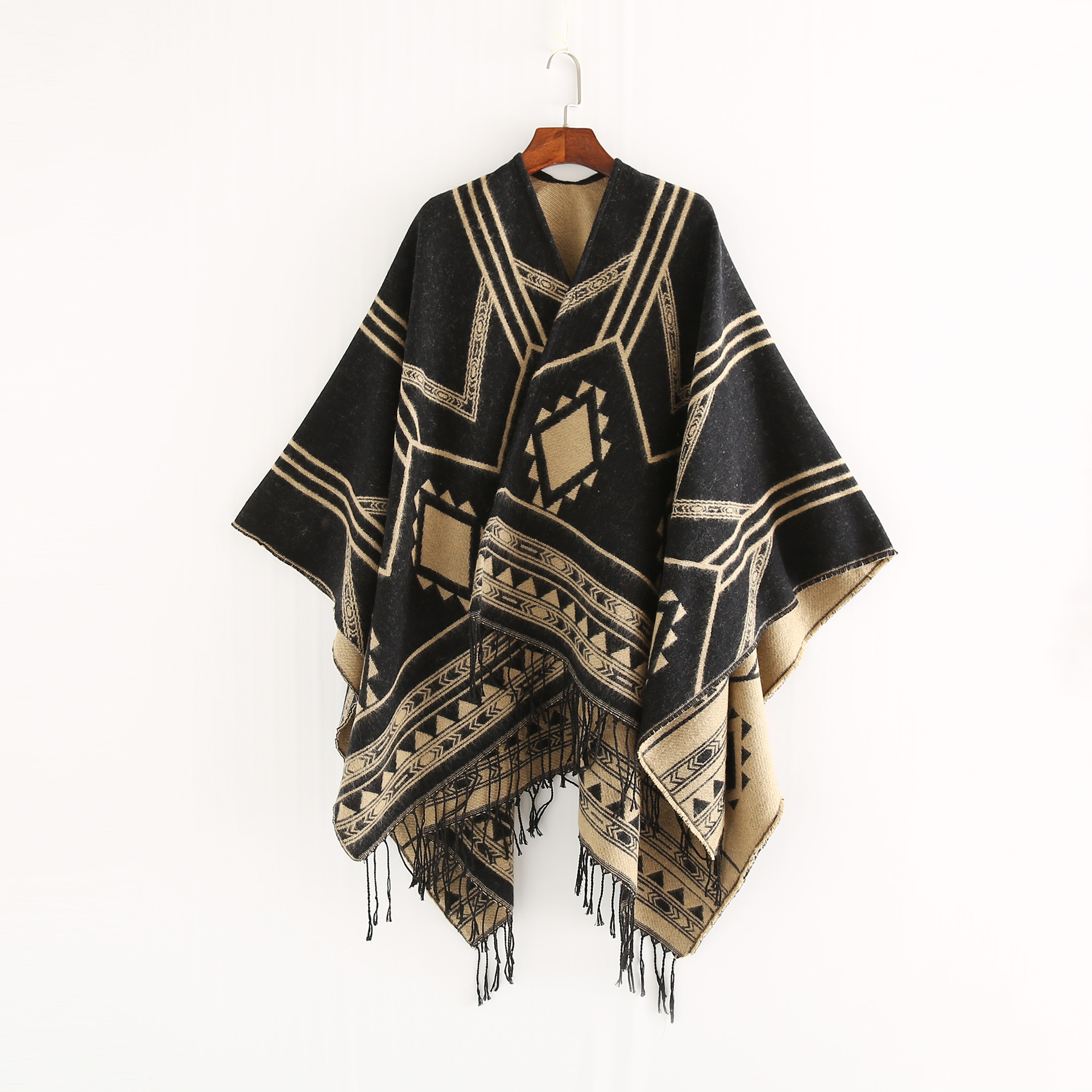 2023 New Indian Nepalese Style Geometric Tassel Split Women Shawl Warm Air Conditioning Room Lady Cloak Poncho Capes Black Khaki