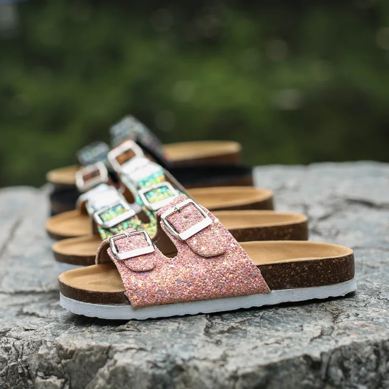 Sneakers Summer Beach Shoes Kids Slippers For Girls Cork Sandals Bling Sequins ParentChild Shoes Leopard Barefoot Slippers High Quality