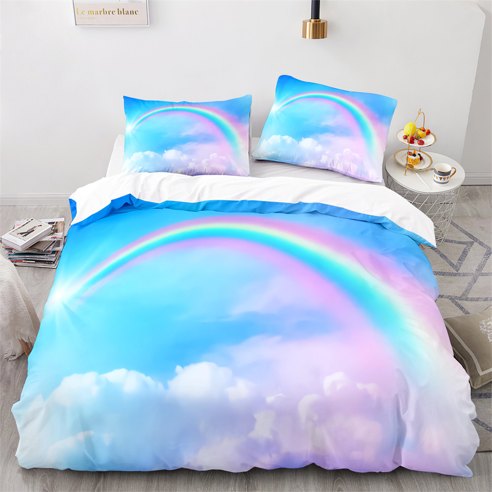 Regenboog dekbedovertrek set kleurrijke regenboog witte wolken patroon schattig kawaii polyester dekbed deksel koning queen size voor meisjes