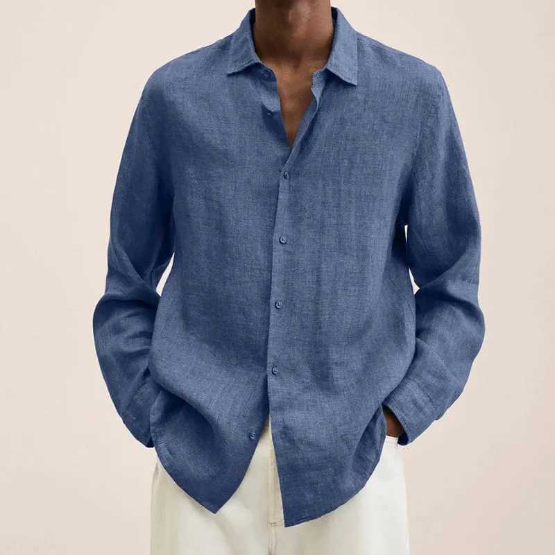 Chemises décontractées pour hommes Spring Men Causal Linen Shirts Fashion Business Office Abèle Lower Longe Tops Place Vintage Color Couleur Button Vêtements 2449