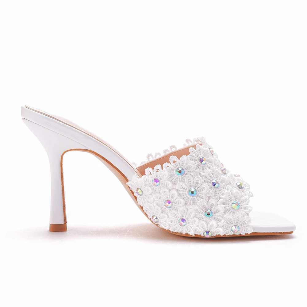 Scarpe eleganti cristallo regina donna designer estate in pizzo bianco fiore nuziale di punta quadrata sandali al tallone aperto slippista h240409 8l05