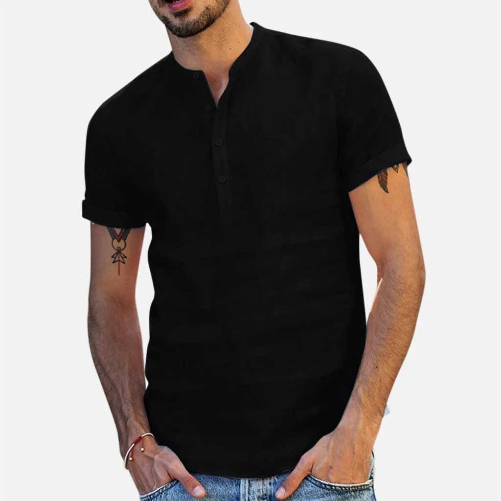 メンズカジュアルシャツ夏のコットンリネンシャツマン用ソリッドカラー半袖ビーチスタイルシャツスタンドアップカラーハワイアンホリデーカジュアルTシャツ2449