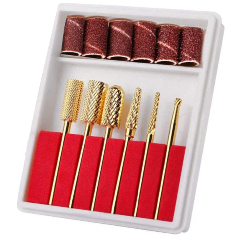 Verktyg Nagelborrbitar Set Gold Carbide Nail Art Bit Tools with Case Storage 1 uppsättning av 6 st fina borrbitar