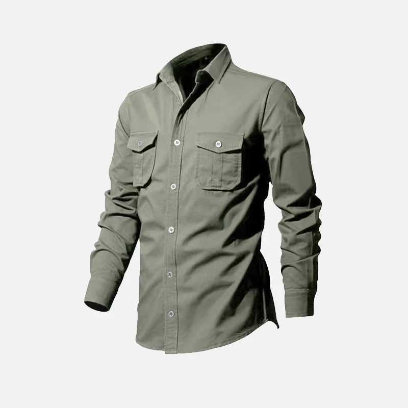 Camisas casuais masculinas Primavera/verão Novo camisa militar de homens de mangas compridas camisas de carga casual camisa de bolso de bolso masculino de bolso 240409