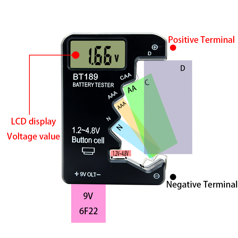BT-189 AA / AAA / C / D / 9V / 1,5 V Affichage LCD METTAGE UNIVERSEL