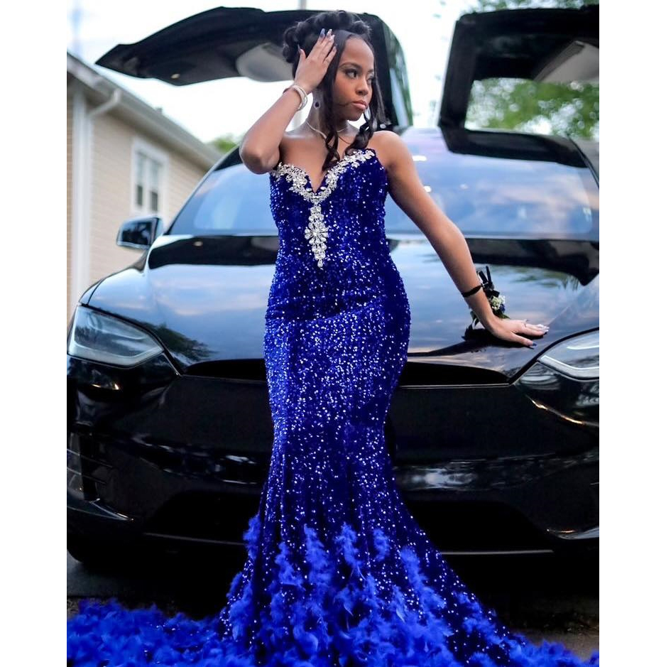 Robe de bal de sirène bleu brillant 2024 Perles cristaux plumes de graduation robes robes d'anniversaire vestidos de gala