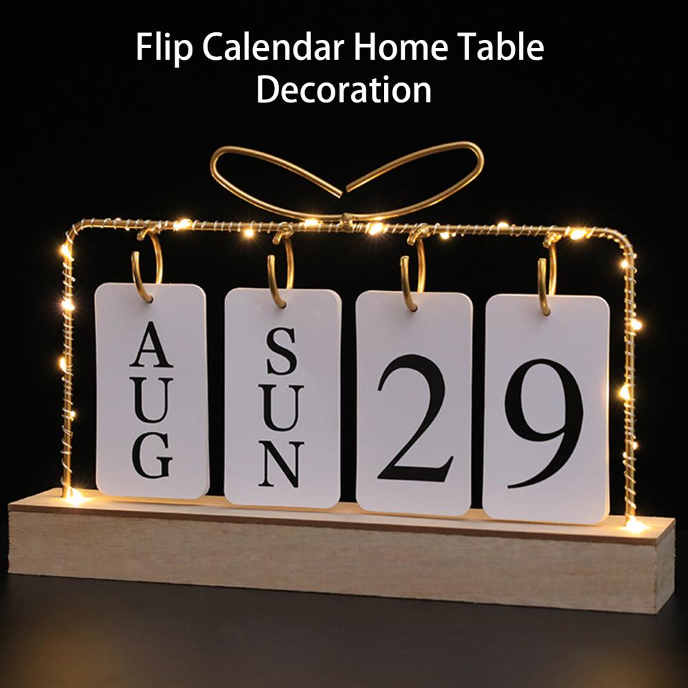 Cadre en métal lumières LED décor de la forme de coeur Tableau supérieur du calendrier en bois Flip Perpetual Calendar