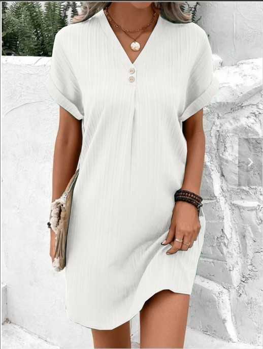 Womens V-neck Solid Color Pullover Comfortable Casual Button Dress