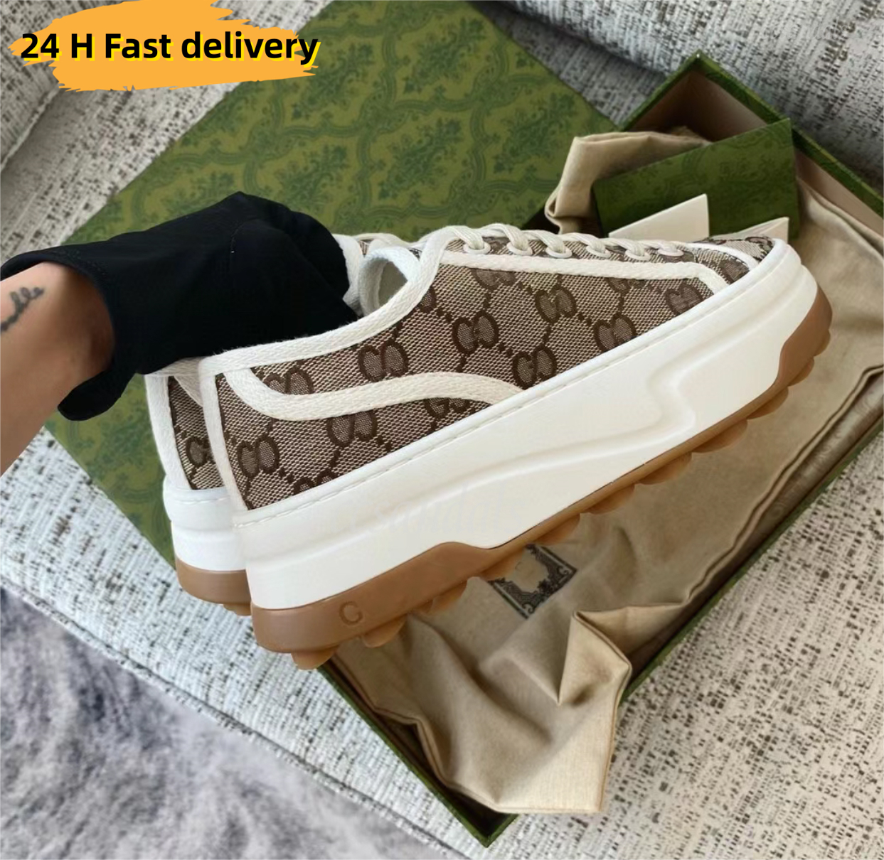 Designer Women Casual Shoes Italy Lågtyg 1977 Hög toppbokstäver Högkvalitativ G Sneaker Beige Ebony Canvas Tennis Shoe Fabric trims 36-45