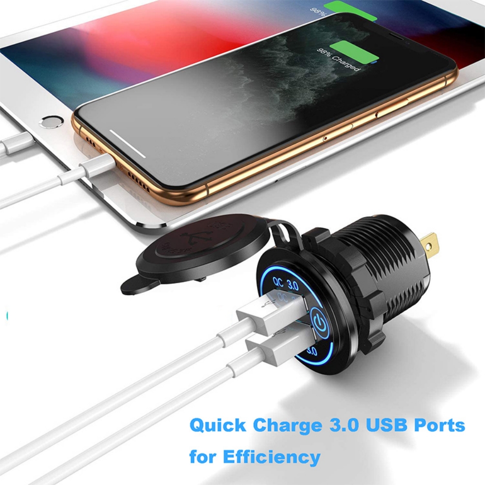 Charge rapide 3.0 Double prise USB 12V / 24V Chargeur de voiture Interrupteur tactile Voltmètre Electronic Light USB Fast Charger Socket