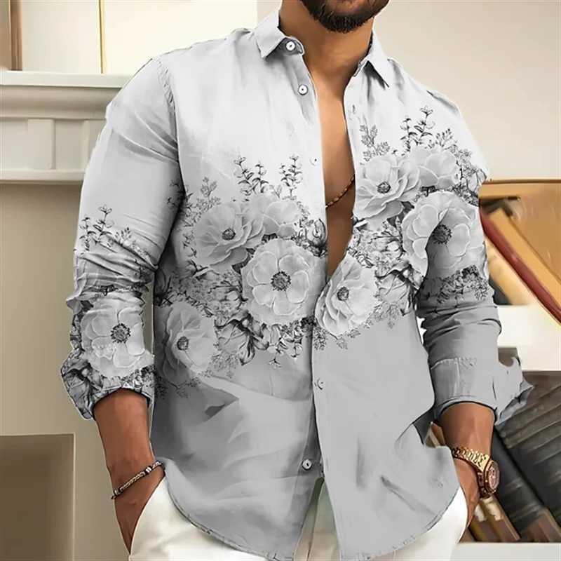 Men's Casual Shirts Fashion 2023 Mens Shirt Floral Pattern 3D Printing Pink Blue Purple Gray Outdoor Street Long Sleeve Clothing Designer Casual 240409