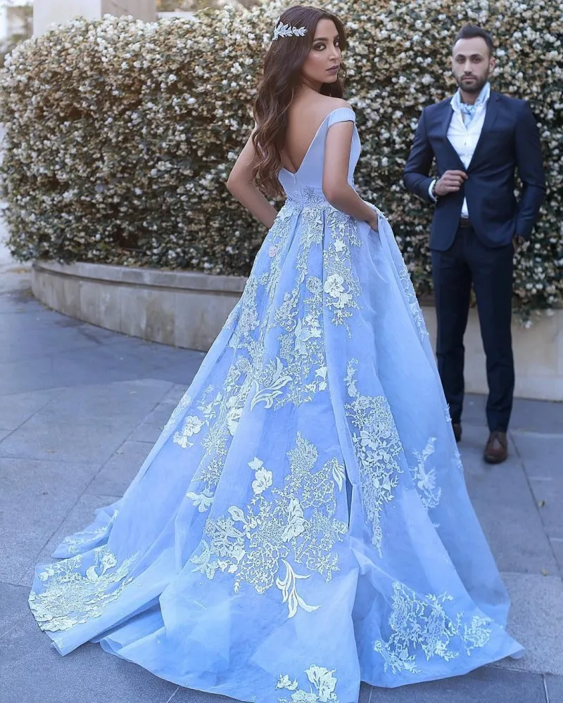 Beaded Lace Applique Dresses Evening Wear Off Shoulder Ball Gown Prom Dress Long 2019 Guest Gowns With Pockets