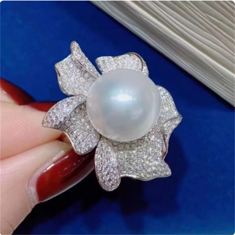 Wysokiej jakości duże laboratorium Pearl Pearl Diamond Palce Regulowany otwarty pierścień Białe złoto Prążenie ślubne Pierścienie dla kobiet Bridal Obietż