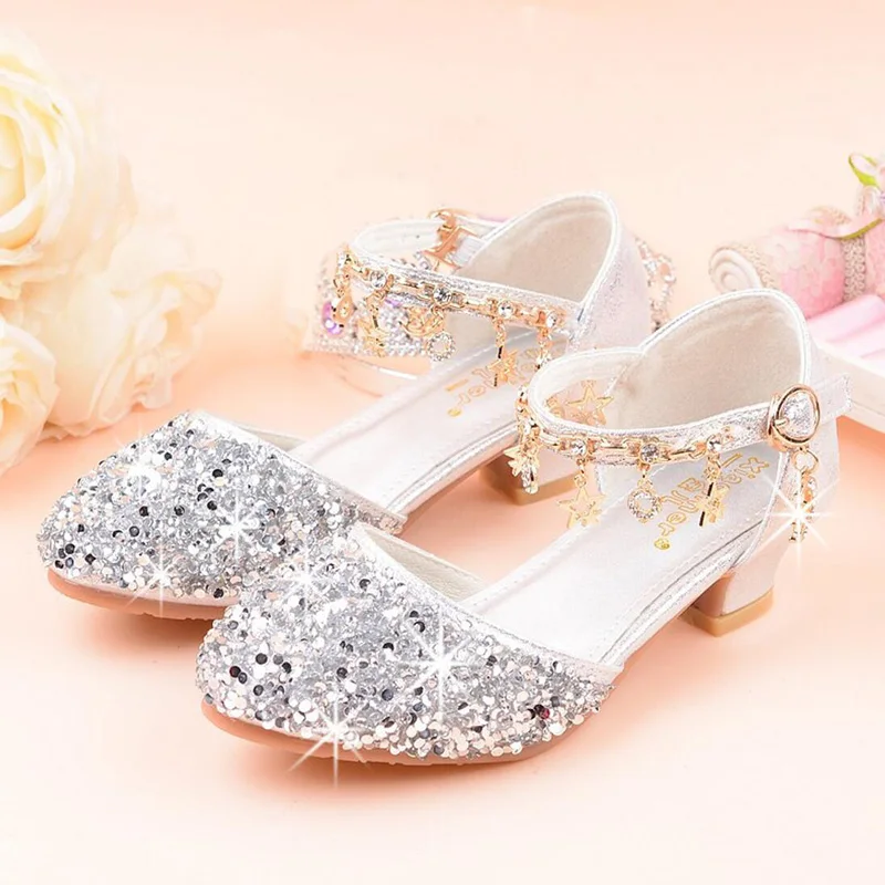 Sneaker Flower Children Rhinestone Princess Dress Shoes for Girls Silver High Tels Model Show Crystal Single 6 8 10 14 16 anni