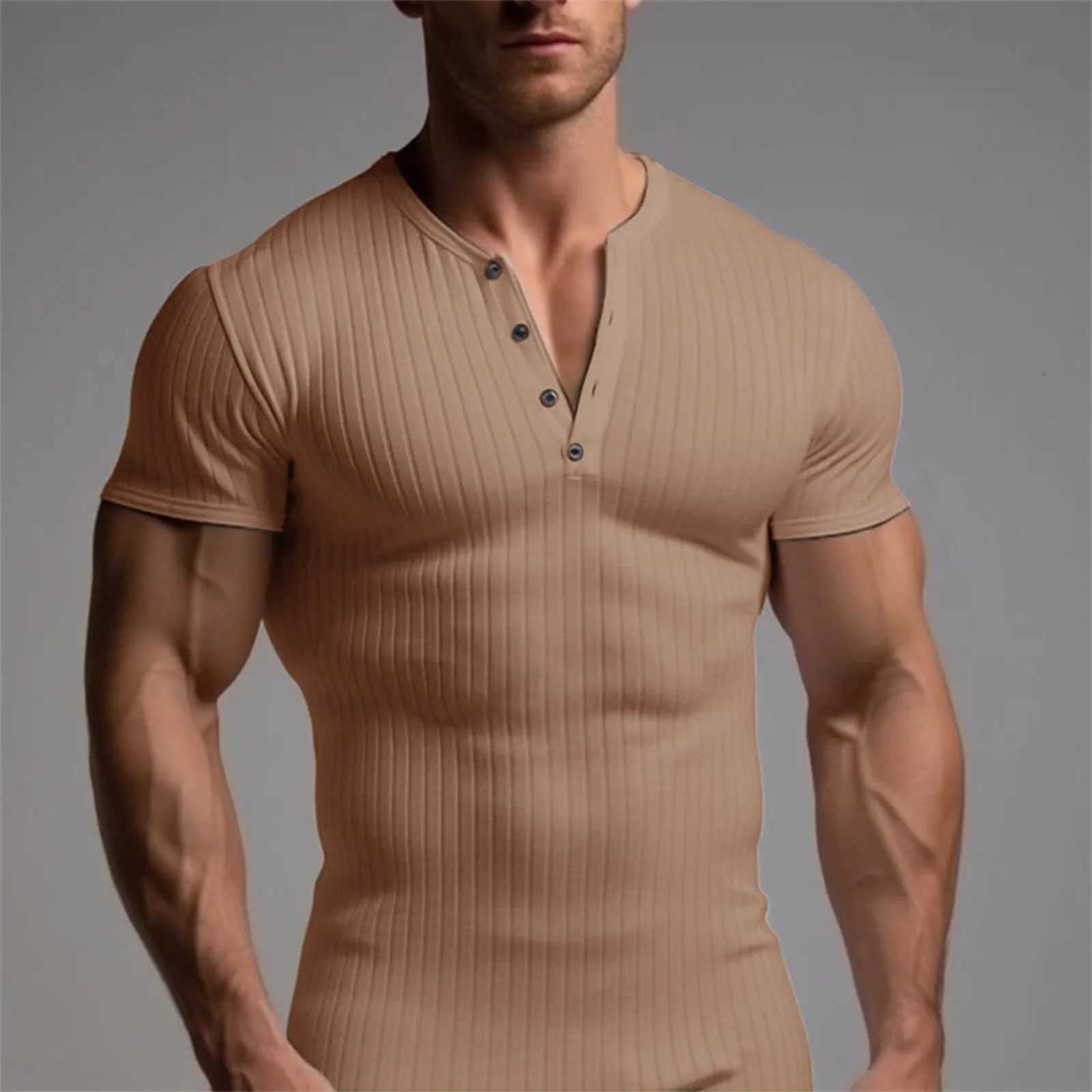 Camisas casuais masculinas Camiseta de t-shirt de verão Roupas de fitness Roupos de fitness músculos Slim Fit Manga curta T-shirt colar de gola em V do colarinho casual 2449