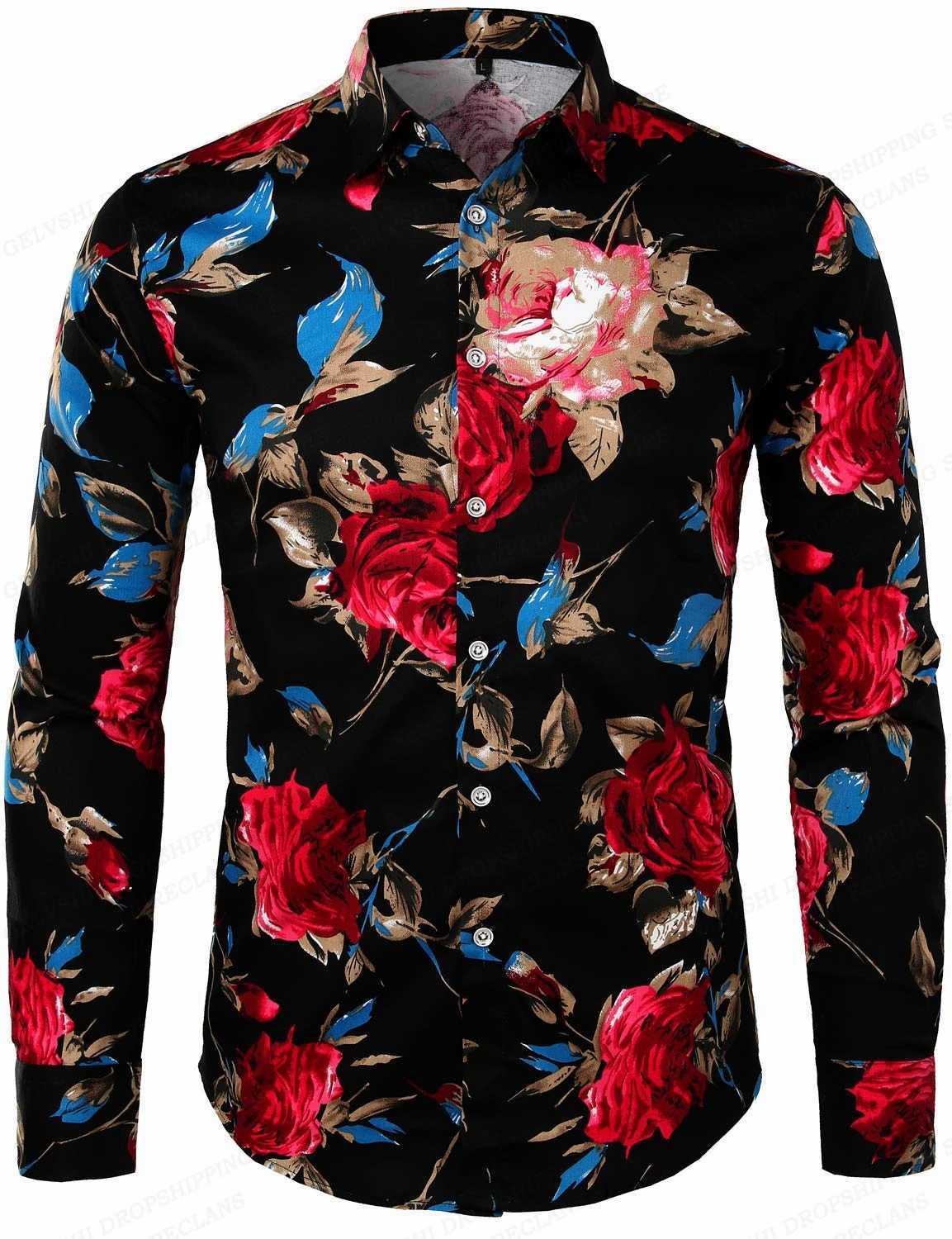 Koszule męskie Red Rose Hawaiian Shirts Floral Print koszule Mężczyzna Modna koszula długi rękaw na plażę Białe bluzkę Męskie odzież Pokolenie 240409