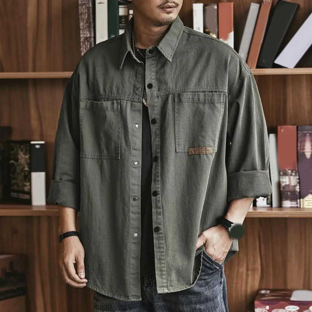 Camicie casual da uomo camicia retrò uomo in stile safari top a maniche lunghe