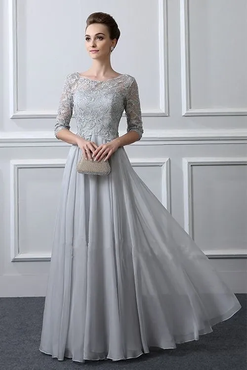 Sliver Lace Mother Of The Groom Dresses with 3/4 Sleeves A-Line Chiffon Wedding Guest Gowns 2020 Mothers Evening Formal Wear