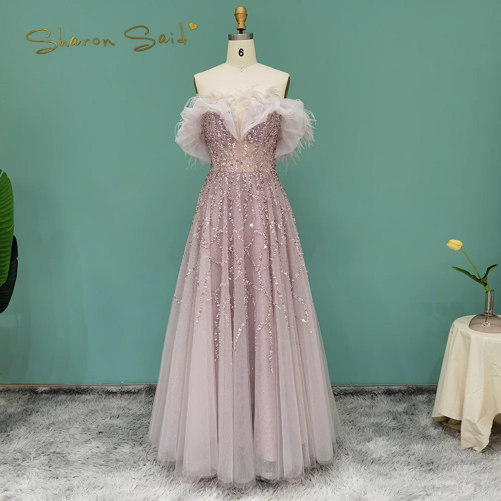 Sharon Said Luxury Dubai Feather Lilac Evening Dresses for Women Elegant Off Shoulder Silver Gold Red Party Gowns