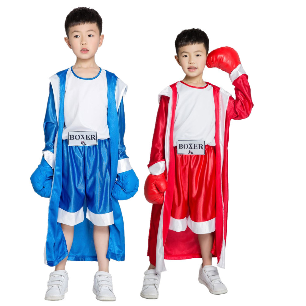 Child Blue Red Black Boxer Costume Halloween Boy Boxing Match Jumps Costume avec robe Costume