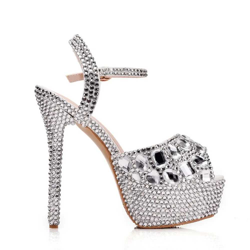 Dress Shoes Crystal Queen Rhinestone Sandals Wedding Women Extreme High Heels Ladies Silver Pumps Platform Summer H240409 OPL3