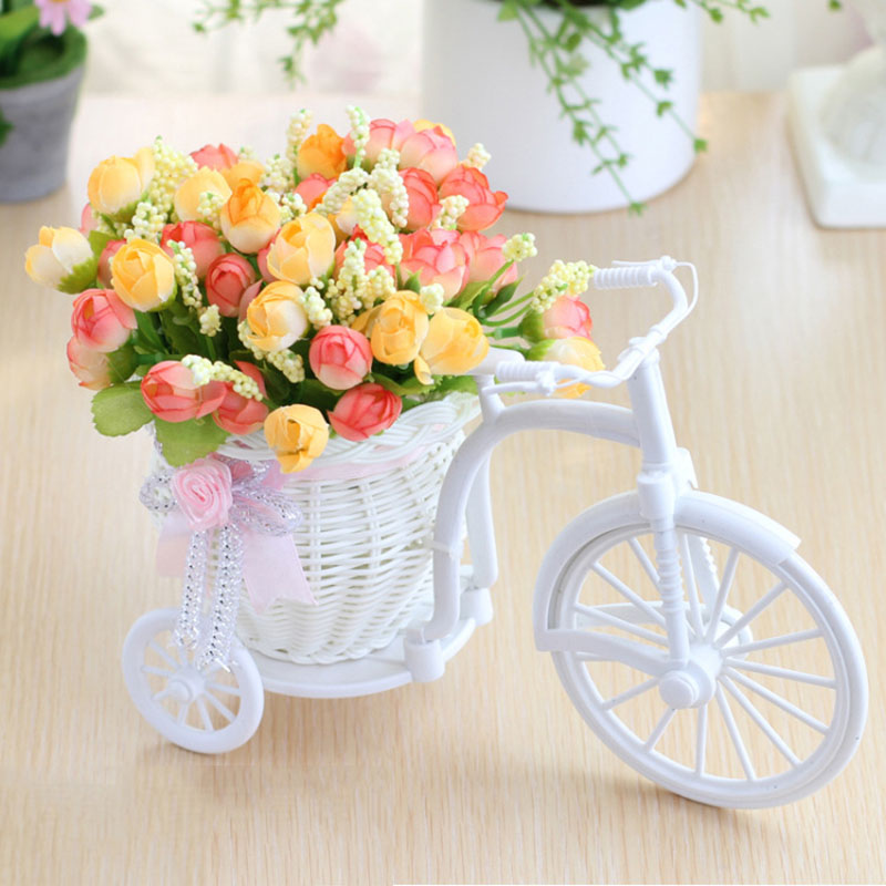 Konstgjorda blommor Silk Roses Rattan Bike Vase Plastic Bicycle Desktop Decorative Rose Bonsai Plant Outdoor Home Office Decor