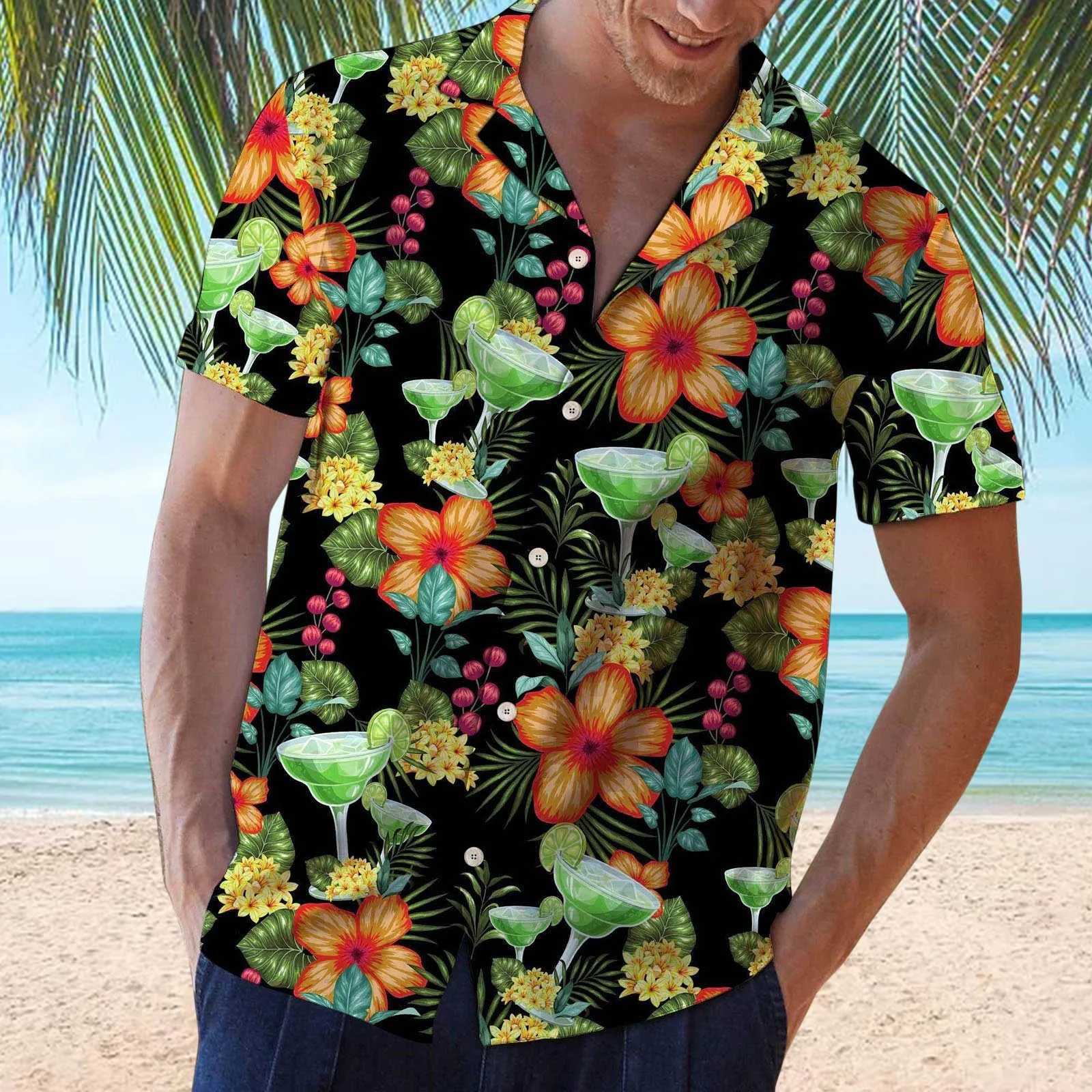 Chemises décontractées masculines 2023 New Hawaiian Red Leaf Tropical Shirts Floral Men Dazn Tops Summer Casual Short Sleeve Button Chemise Loose Vacation Beach 2449