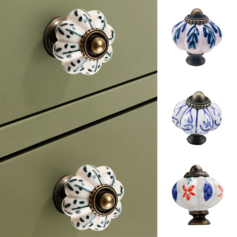 Hot Sale Ceramic Single Hole Blue White Pumpkin Drawer Cabinet Handle Kitchen Cupboard Wardrobe Room Pull Drawer Handle