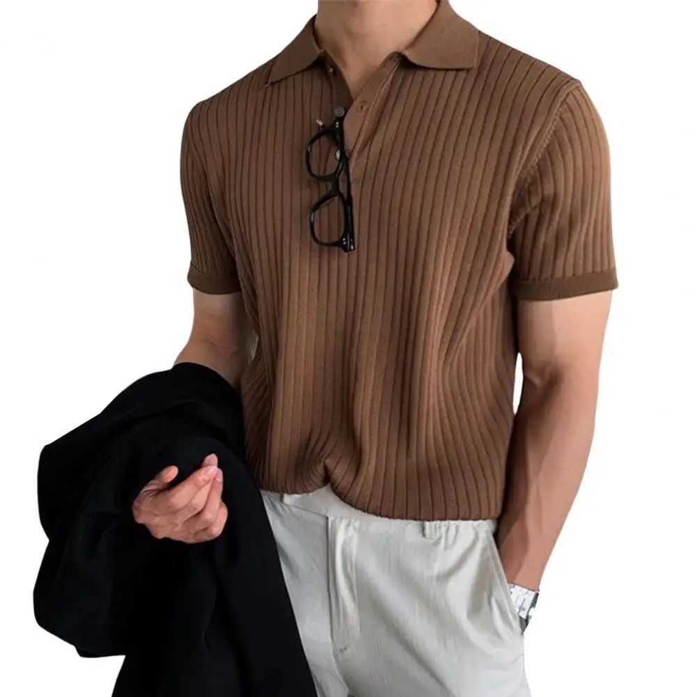 Men's T-Shirts Dropshipping!!Lapel Short Sleeve Buttons Half Placket Loose Men Summer T-shirt Knitting Ribbed Shirt Top StreetwearL2404