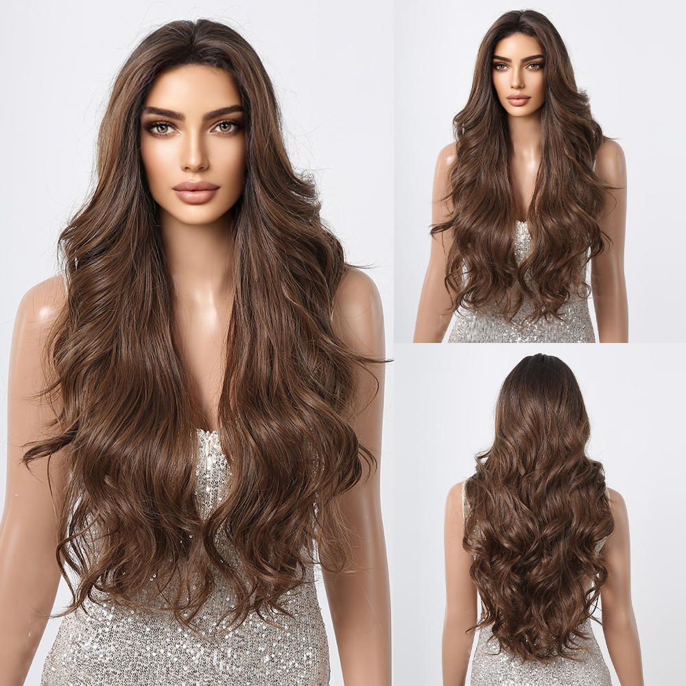 Perucas marrons de ombre longas para mulheres 26 polegadas de 26 polegadas parte ondulada Wavy Look