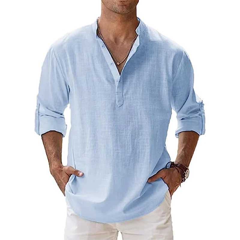 Mäns casual skjortor Nya herr bomull t skjortor linne avslappnad långärmad knapp ner skjorta lös krage fast färg toppar s-5xl 2449