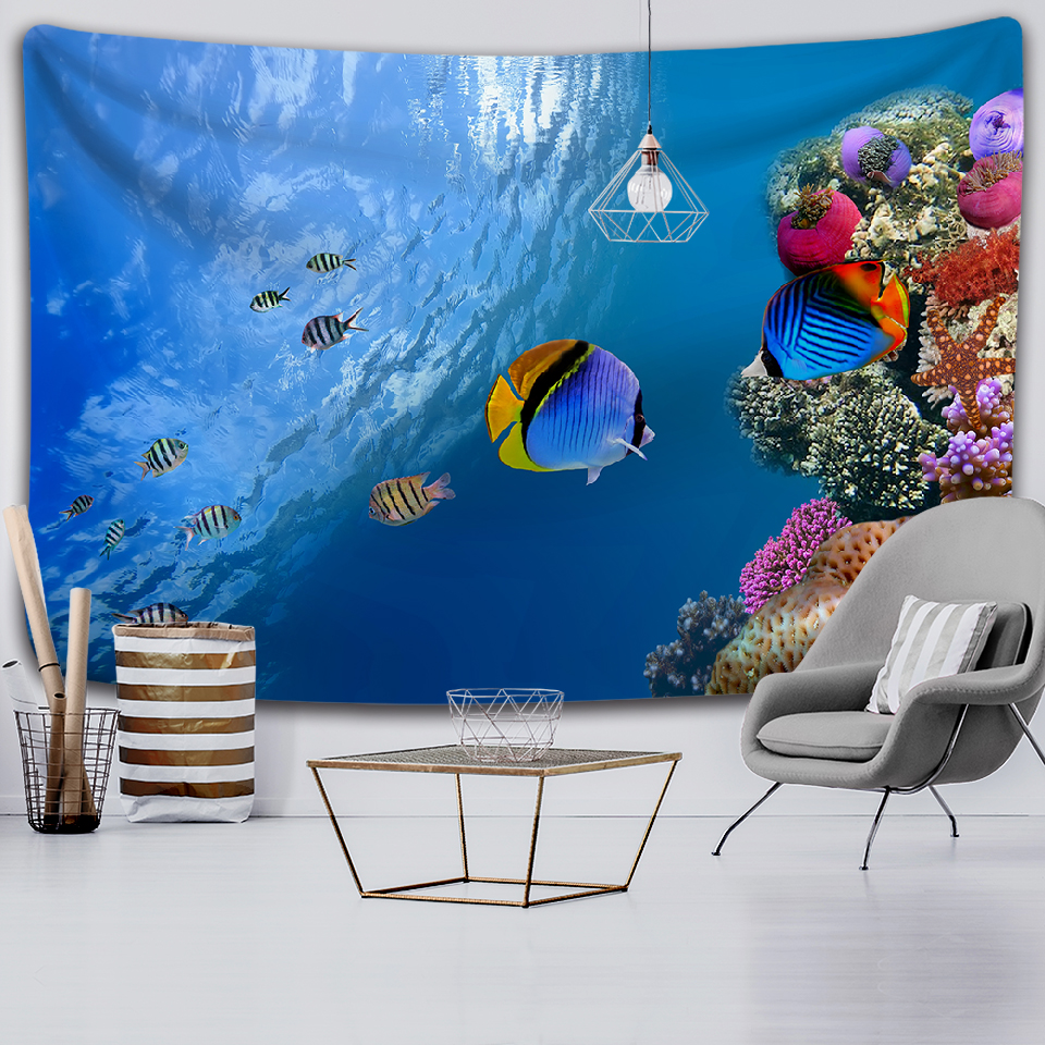Ocean World Tapestry Blue Ocean Tropical Fish Coral Animaux Art Mur suspendu Tapestry pour le salon Décorations de dortoir à la maison