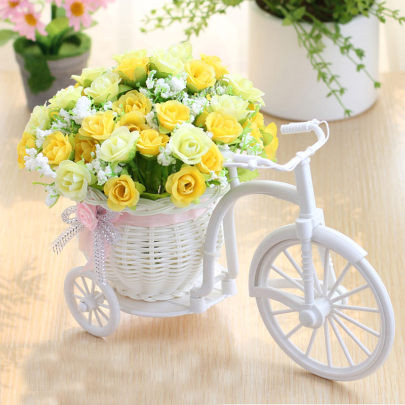 Konstgjorda blommor Silk Roses Rattan Bike Vase Plastic Bicycle Desktop Decorative Rose Bonsai Plant Outdoor Home Office Decor