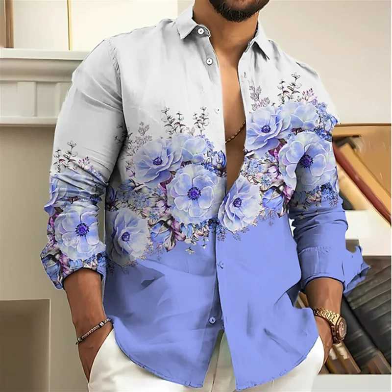 Men's Casual Shirts Fashion 2023 Mens Shirt Floral Pattern 3D Printing Pink Blue Purple Gray Outdoor Street Long Sleeve Clothing Designer Casual 240409