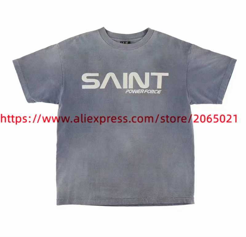 Mäns T-shirts tvättade Saint Michael M6 Navy Blue T Shirt Men Women High Street Oversize Short Sleeve Tee Top J240409