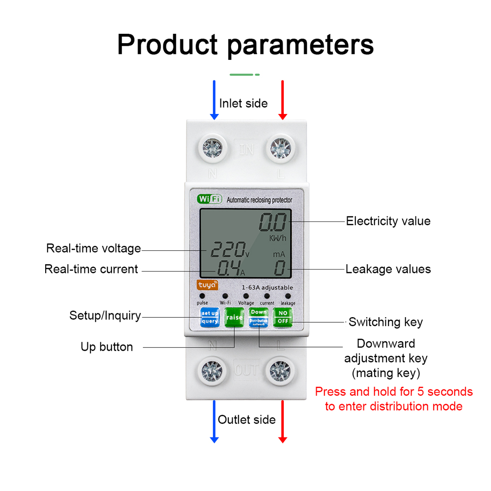 Kkmoon tuya wifi medidor de energia automática Recosing protetor Corrente Monitoramento de tensão Medidor de monitor LCD Din Din-Rail Medidor