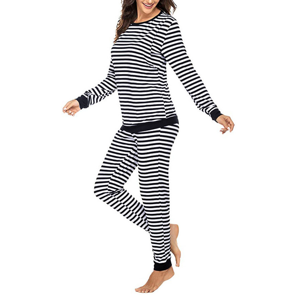 Yeni sonbahar Kış Anne Nightwear Kadın Annelik Uzun Kollu Hemşirelik T-Shirt Üstler+Çizgili Pantolon Pijama Seti Pijama Abümazo