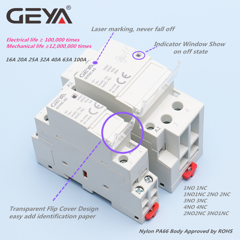 Geya Gyhc 2pole 63A DC24V Control de la bobina Voltaje 2NO 2NC 1NO1NC Tipo de ferrocarril del hogar automático