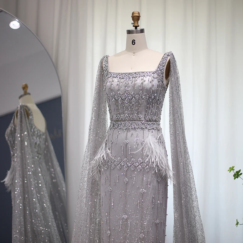 Luxusfedern Dubai formelle Kleider für Frauen Party Bling grau Meerjungfrau Arabisch Abendkleid mit Cape SS279