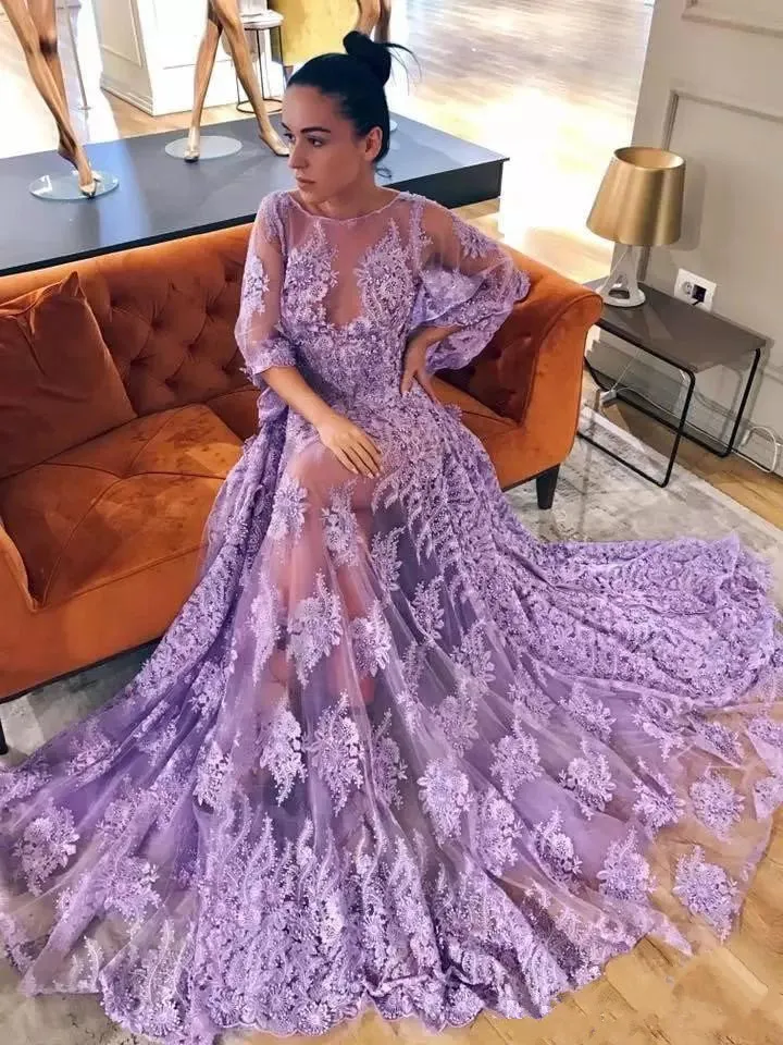 Stylish Lavender Prom Dresses Glamorous Lace Appliques 1/2 Poet Sleeves Evening Gowns Open Back Special Occasion Dress de Festa