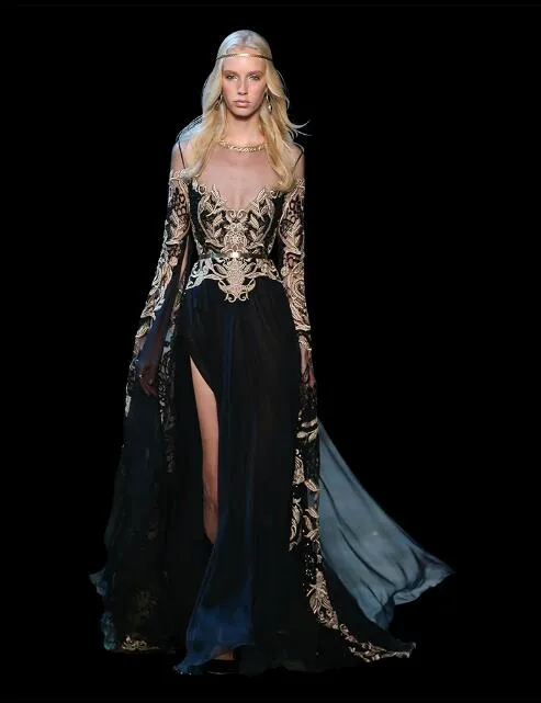 Front Split With Sashes Dresses Elie Saab Art Deco Inspired Neck Lace Appliques Prom Gowns Black Formal Long Sleeve Dress Evening