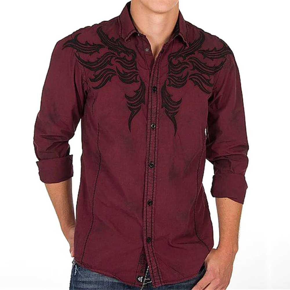 Men's Casual Shirts Fashion Vintage Floral Print Long Sleeve Shirts For Man Casual High Quality Slim Fit Performs Stage Male Clothes Shirt Tops 240409