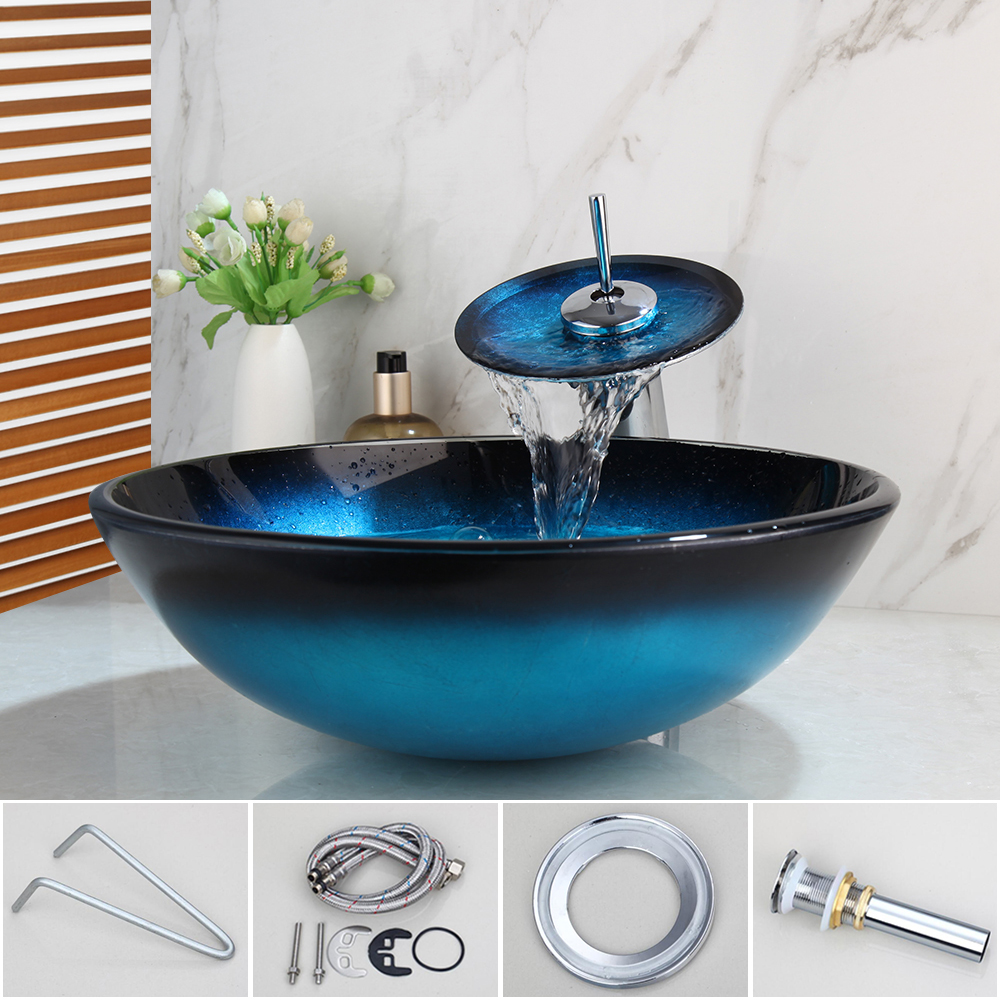Torayvino Bathroom Waterfall Washbasin Lavatory Tempered Blue Painting Glass Basin Sink Combine Vessel Vanity Tap Mixer Faucet