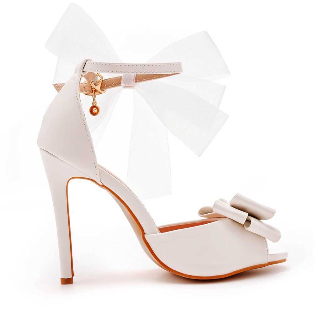 Dress Shoes Crystal Queen White Women Summer Pumps Party Stiletto Black Bilk Bow Thin High Heels Buckle Strap Platform Sandals H240409