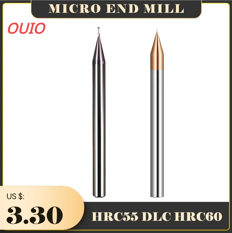 OUIO HRC60 HRC55 Mikro Karbür Uç Değirmen 2 Flüt 0.2-0.9mm Tiain Micro Düz 4mm Şey Midding Mirco Karbür CNC Gravür