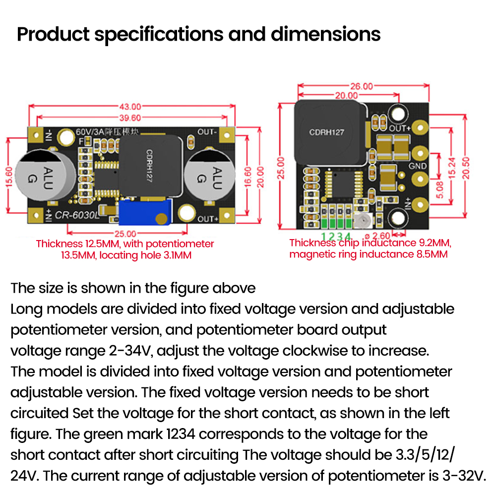 DC-DC Buck Module Strömförsörjning MDULE Output är Justerbar Super Step Down Modul Stabilizer Board 60V 3A 3.3V/5V/12V/24V Output