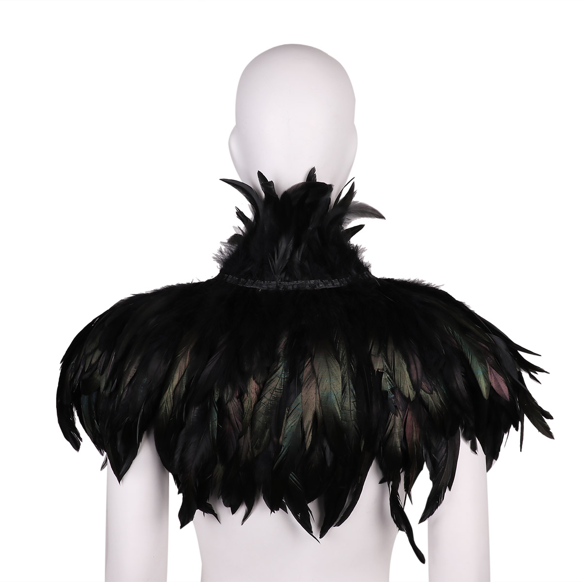 Black Gothic Victorian Natural Feather Cape Shawl Stole Poncho with Choker Collar for Halloween Cosplay Rave Party Costume