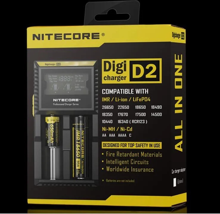 Autentico NiteCore D2 Digi Caricatore Digicarger Digicarger Display Batteria Intelligente 2 Slot Dual Carica IMR 18650 26650 20700 21700 Batteria di litili universali.