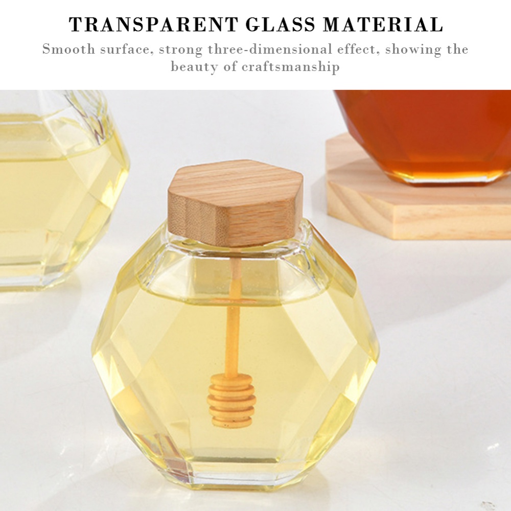 200/380 ml Glas Hexagonal Glass Honey Burkar Bottle With Tood Strap Rod Honey Jar Pot Container Cork Lid för hemkök