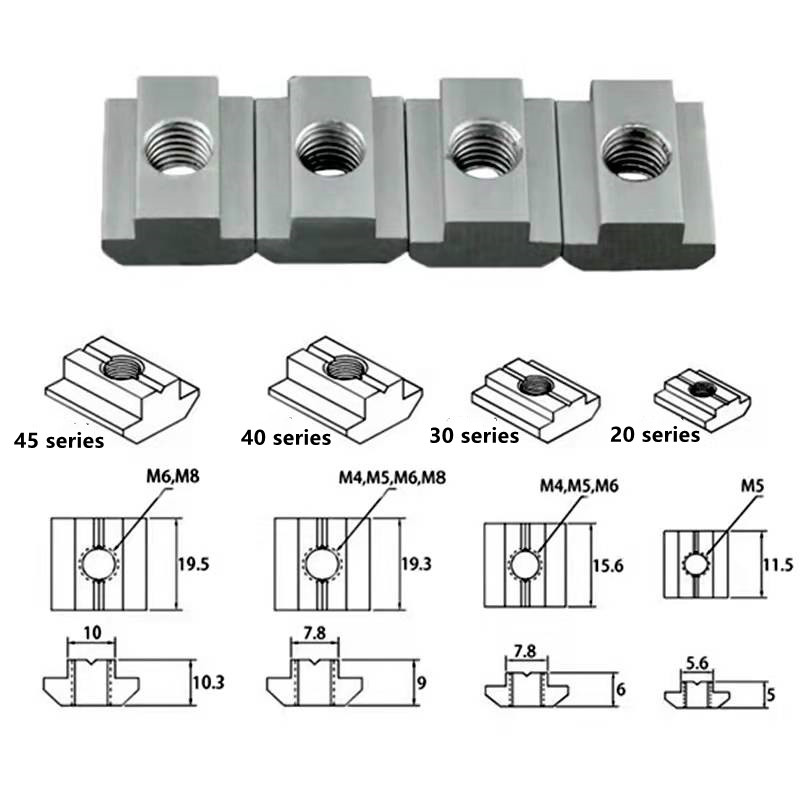 50/100 stcs 30 serie t blok vierkant moeren t-track schuif hamermoer m3 m4 m5 m6 m8 m8 bevestigingsaluminium profielaccessoires